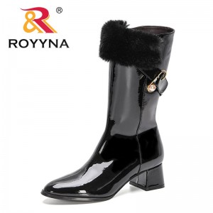 ROYYNA 2022 New Designers Patent Leather Zipper Motorcycle Mid-Calf Boots Women Plush Chunky Winter Boots Ladies Warm Footwear