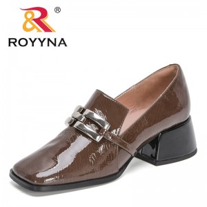 ROYYNA 2022 New Designers Brand Shoes Thick Heel Ladies Pumps Square Toe Metal Decration Party Handmade Patent Leather Footwear
