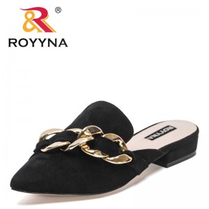 ROYYNA 2022 New Designers Flat Mules Luxury Brand Metal Buckle Loafers Women Pointed Toe Backless Slides Half Slipper Feminimo