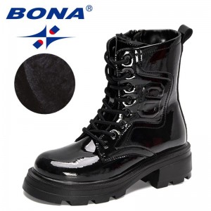 BONA 2023 New Designers Patent Leather Winter Boots Women Round Toe Thick Heel Platform Boots Ladies High Top Plush Boots Comfy