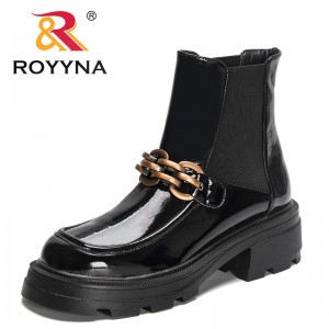 ROYYNA 2023 New Designers Patent Leather Shoe Women Round Toe Flat Handmade Leisure Sewing Platform Boots Ladies Metal Decration