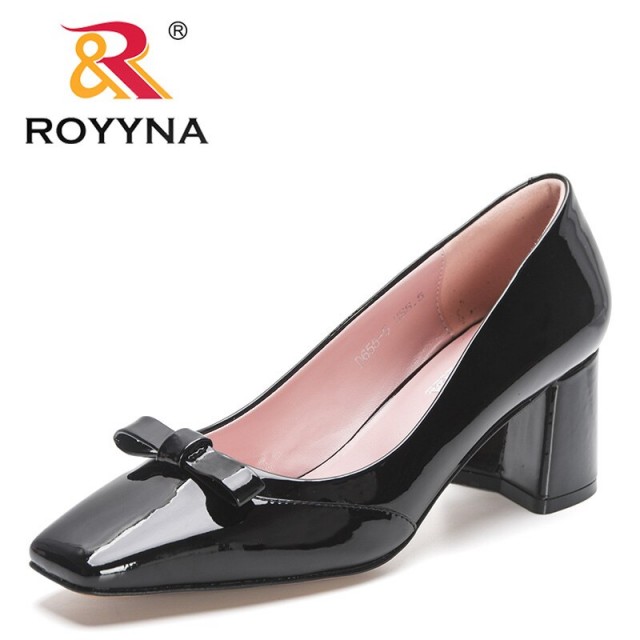 ROYYNA 2023 New Designers Elegant Patent Leather Shoes Women Square Toe Buckle Slip-On High Heels Wedding Shoes Ladies Footwear