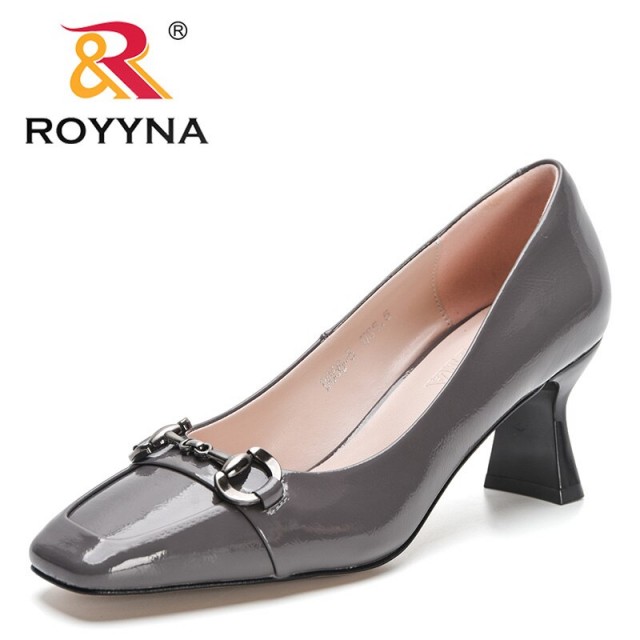 ROYYNA 2023 New Designers Square High Heels Pumps Women Patent Leather Square Toe Ladies Work Metal Decration Shoes Feminimo